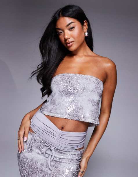 ASOS X The Sourced Collection – Szary top z dekoltem bandeau i cekinami - view 1