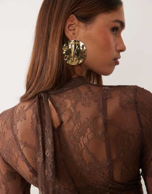 ASOS X THE SOURCED COLLECTION - Top à manches longues en dentelle - Marron, 4 de 4