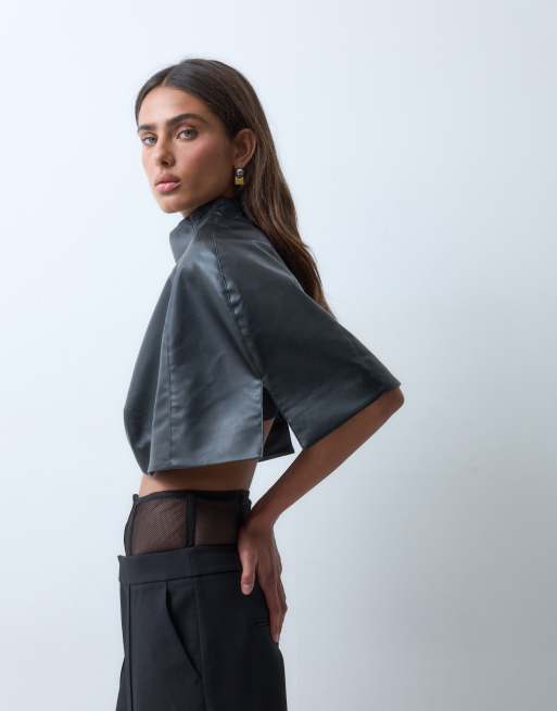 ASOS X THE SOURCED COLLECTION top typu cape czarny z imitacji skóry, 4 z 5