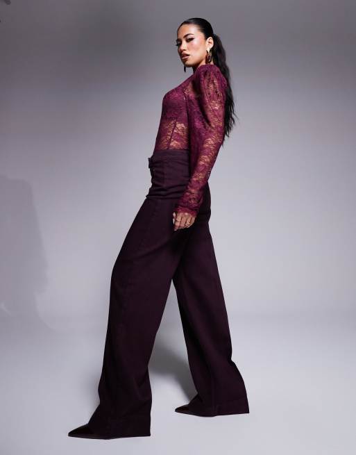 ASOS x THE SOURCED COLLECTION – Vinröda jeans med vida ben och fickor framtill, 3 av 5