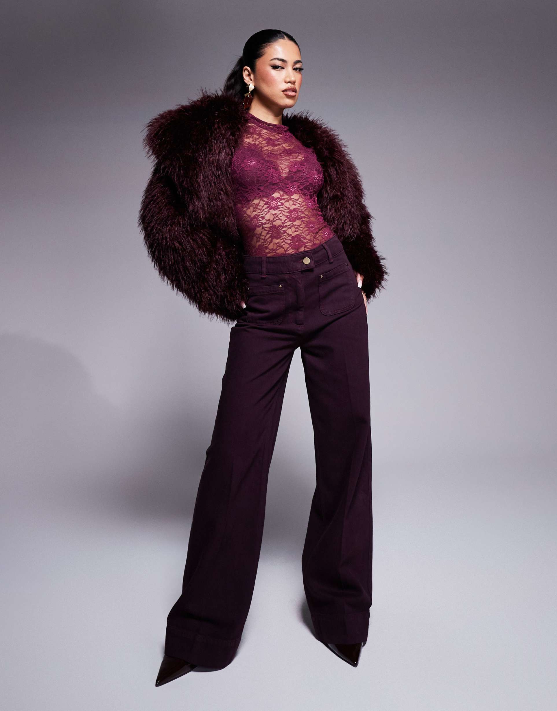 asos x the sourced collection wide leg jeans with front pockets in burgundy