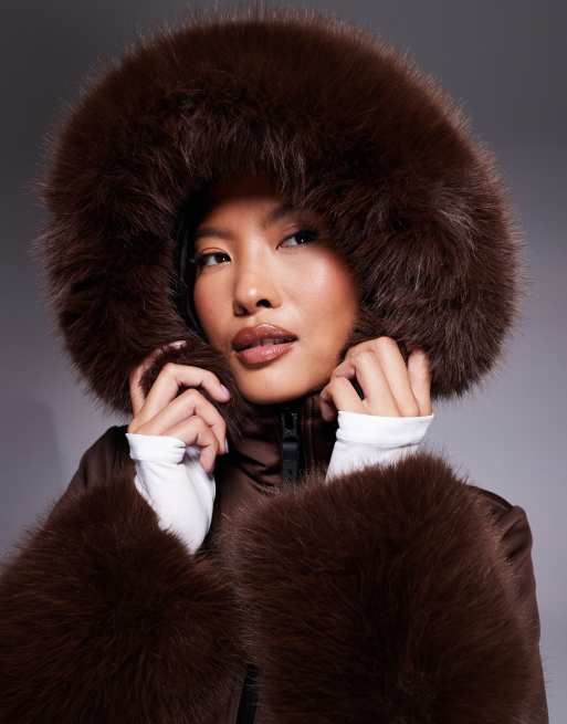 Veste De Ski à Ceinture Et Bordure En Fausse Fourrure - Noir - Femme