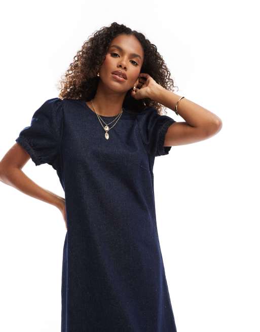 white christmas dresses Puff Sleeve Denim Midi Dress S / Dark Denim main image 1