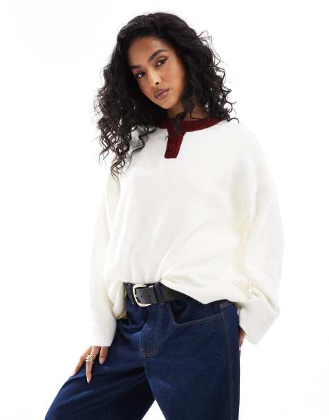 ASOSD DESIGN oversized henley knitted jumper in cream with contrast placket - view 1