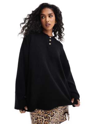 Asos Design Asosd Design Oversized Henley Knitted Sweater In Black With Contrast Placket