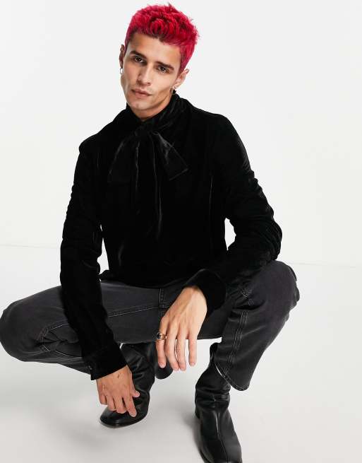 ASOS DESIGN - Chemise à col lavallière en velours - Noir, 3 de 4