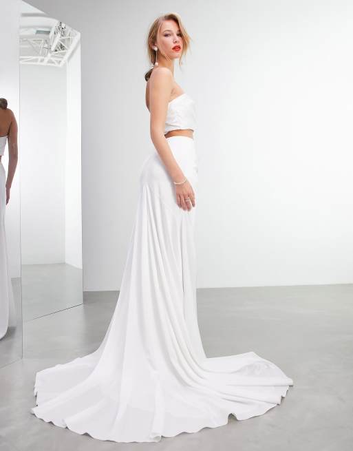 ASOS DESIGN - Jupe portefeuille longue en satin fendue sur le devant - Ivoire, 3 de 4