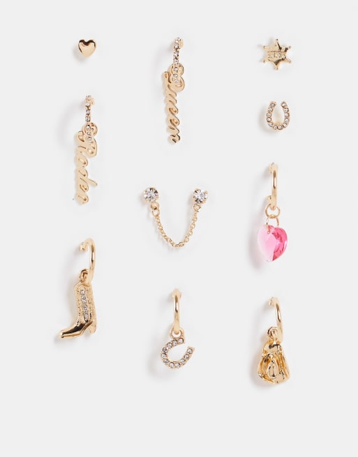 ASOS DESIGN - Lot de 10 boucles d'oreilles uniques à motif western - Doré