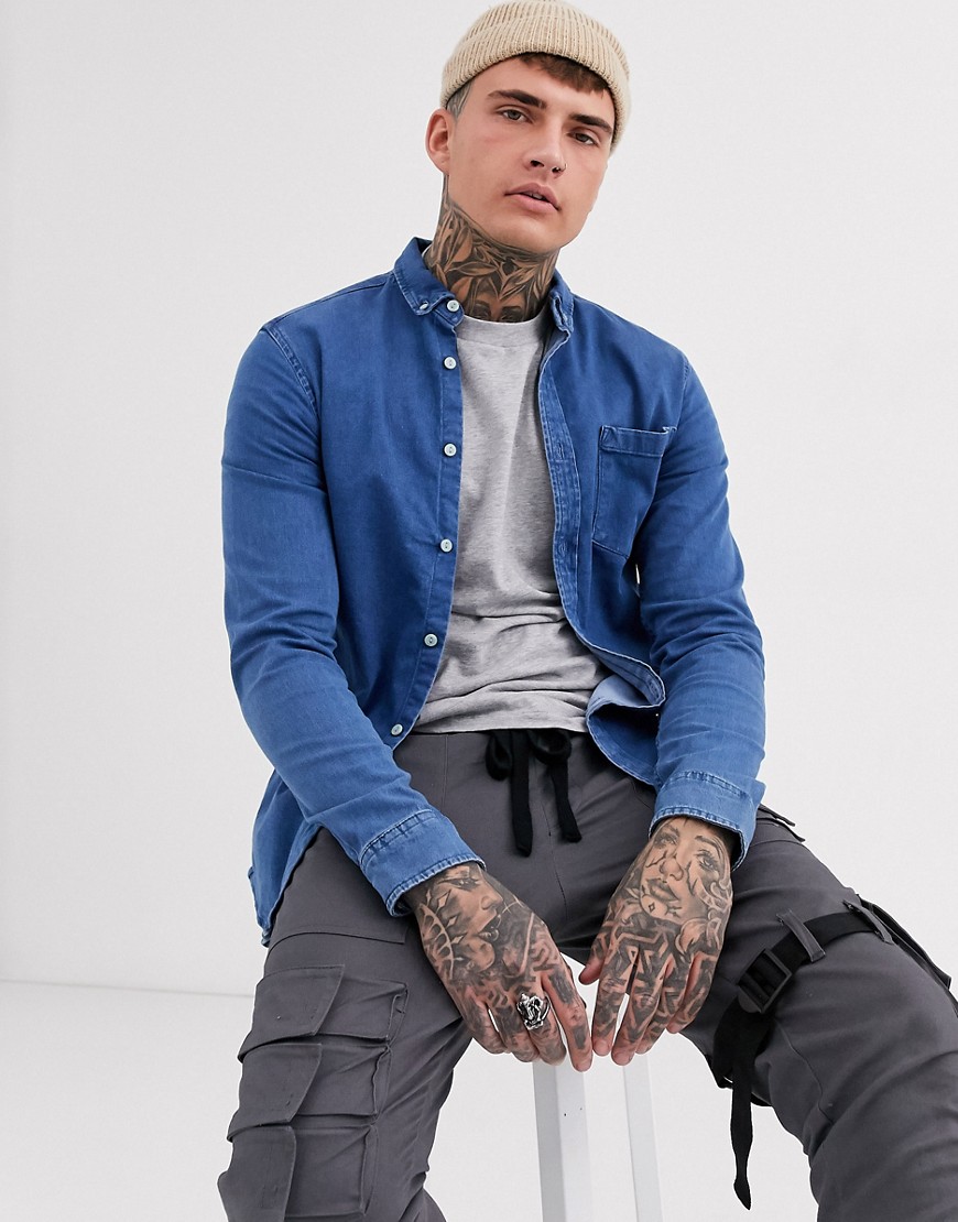 ASOS DESIGN – Mellantvättad jeansskjorta i stretch med smal passform-Blå