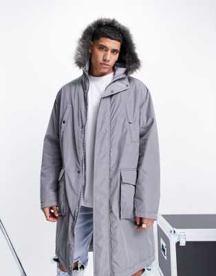 ASOS DESIGN parka jacket with faux fur trim hood in grey - ASOS Price Checker