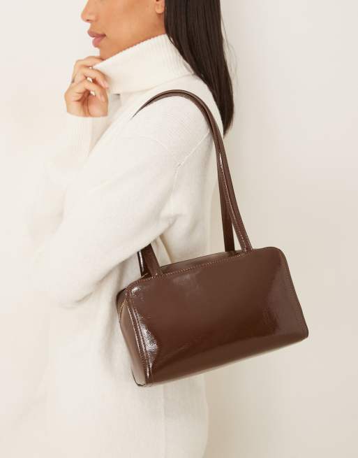 ASOS DESIGN patent boxy bowler bag in chocolate