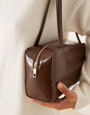 Asos Design Asos Design Patent Boxy Bowler Bag In Brown
