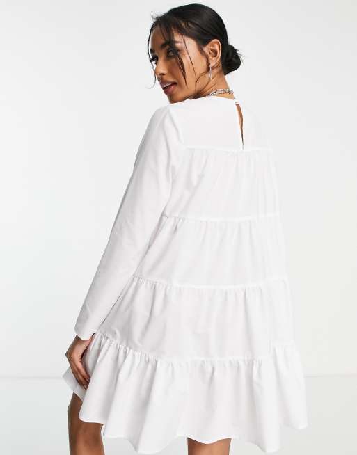 ASOS DESIGN Petite - Robe babydoll courte à volants et manches longues en popeline de coton - Blanc, 2 de 4