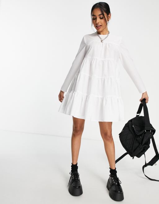 ASOS DESIGN Petite - Robe babydoll courte à volants et manches longues en popeline de coton - Blanc, 4 de 4
