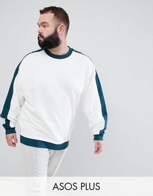 ASOS DESIGN – Plus – Vit sweatshirt i oversize-modell med kontrasterande ärmpartier och ribbning