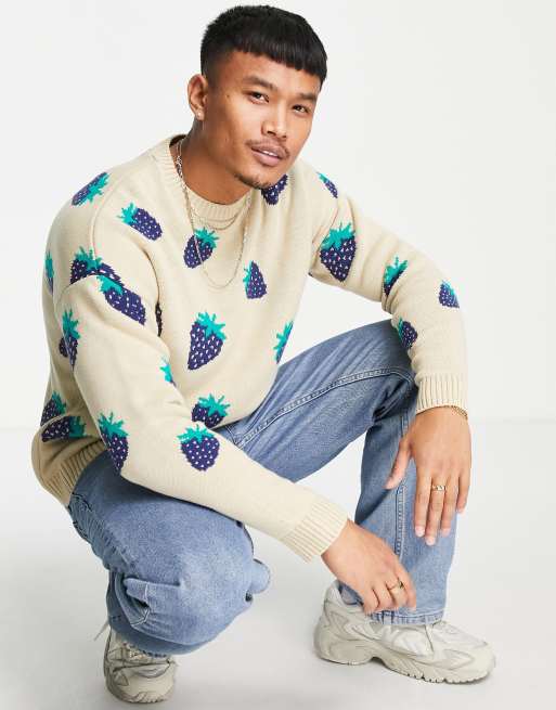 ASOS DESIGN - Pull en maille à motif fraises - Beige