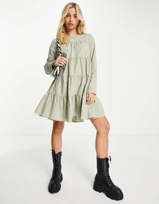 ASOS DESIGN - Robe babydoll courte à volants et manches longues en popeline de coton - Kaki, 2 de 4