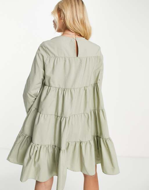 ASOS DESIGN - Robe babydoll courte à volants et manches longues en popeline de coton - Kaki, 3 de 4