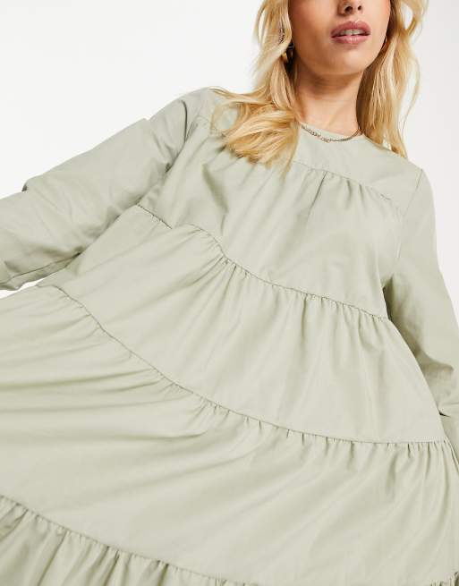 ASOS DESIGN - Robe babydoll courte à volants et manches longues en popeline de coton - Kaki, 4 de 4