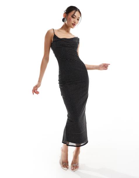 ASOS DESIGN - Robe fourreau mi-longue à col bénitier et strass thermocollés - Noir - view 1