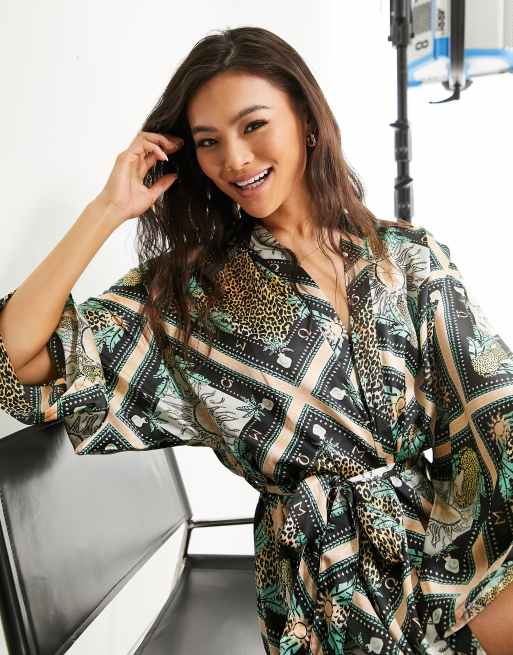 ASOS DESIGN Robe mi longue en satin motif botanique et tigre Noir