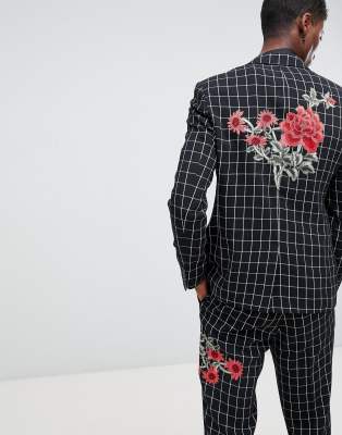 ASOS DESIGN - Veste de costume slim à carreaux et broderie - Noir et blanc - Noir