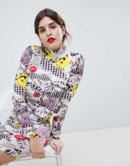 ASOS DESIGN – Stickad topp med tidningstryck, del av set