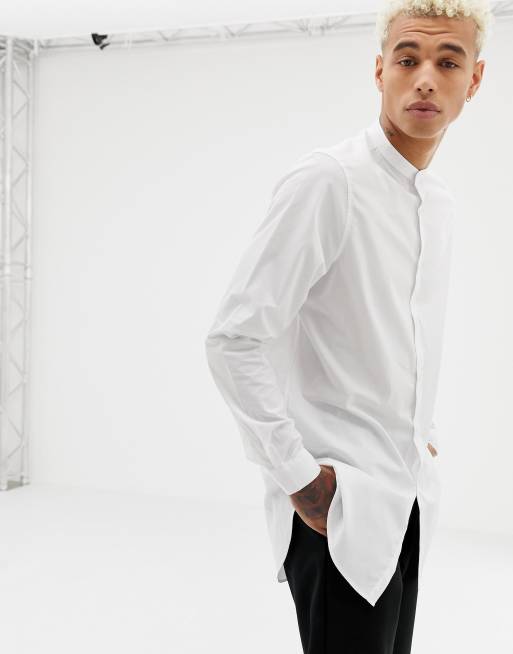 ASOS DESIGN - Superlang regular-fit overhemd zonder kraag in wit