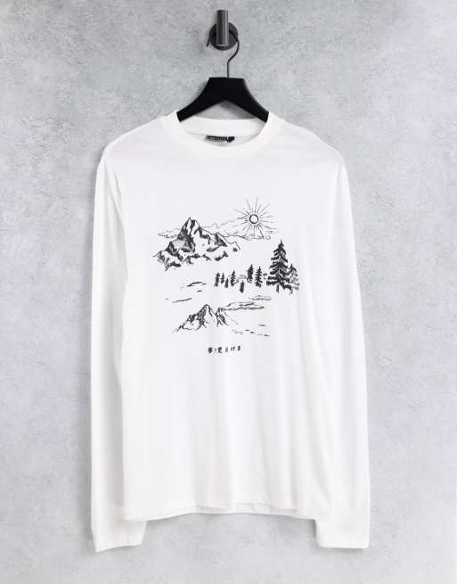 ASOS DESIGN - T-shirt à manches longues en coton à illustration montagnes - Blanc - WHITE