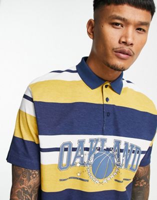  T-shirt décontracté à col polo avec motif sur le devant - Rayé jaune et bleu