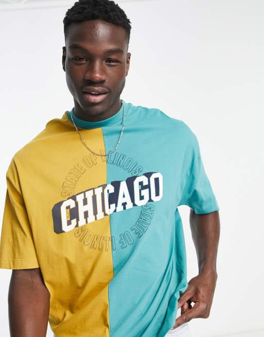 ASOS DESIGN - T-shirt oversize color block à imprimé ville Chicago - Vert et jaune
