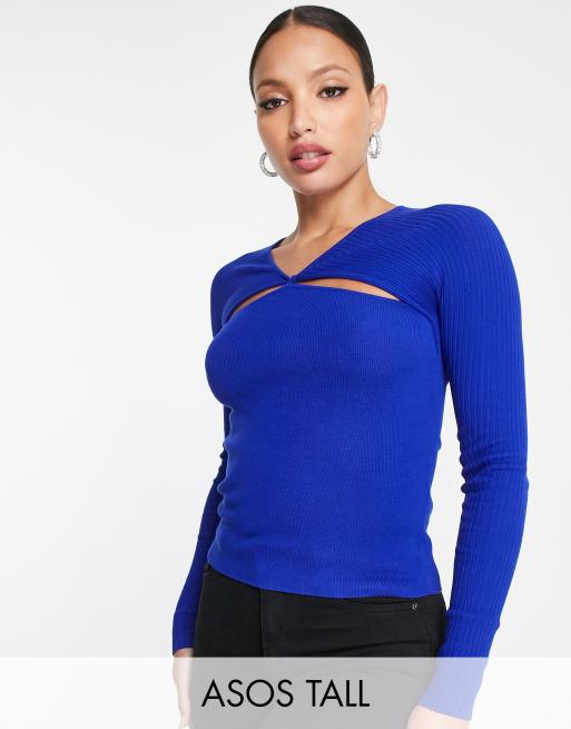 ASOS DESIGN Tall - Top en maille à découpes et nœud décoratif sur le devant - Bleu cobalt