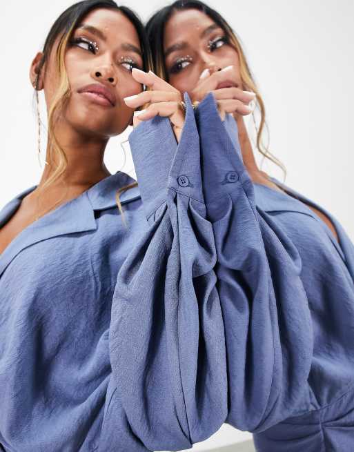ASOS EDITION - Robe chemise mi-longue drapée en tissu texturé avec liens à nouer - Bleu, 4 de 4