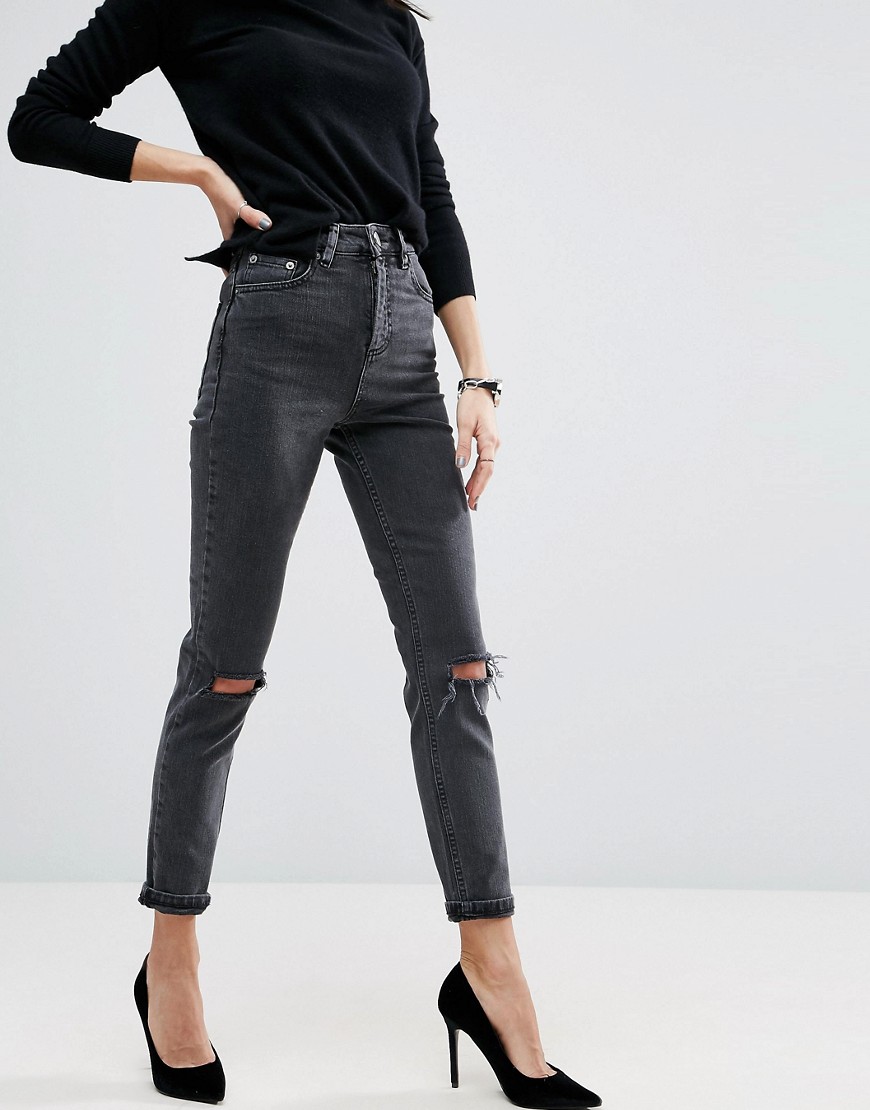 Asos Design - Asos farleigh - smalle mom jeans met hoge taille, zwarte wassing en scheuren op de knieën