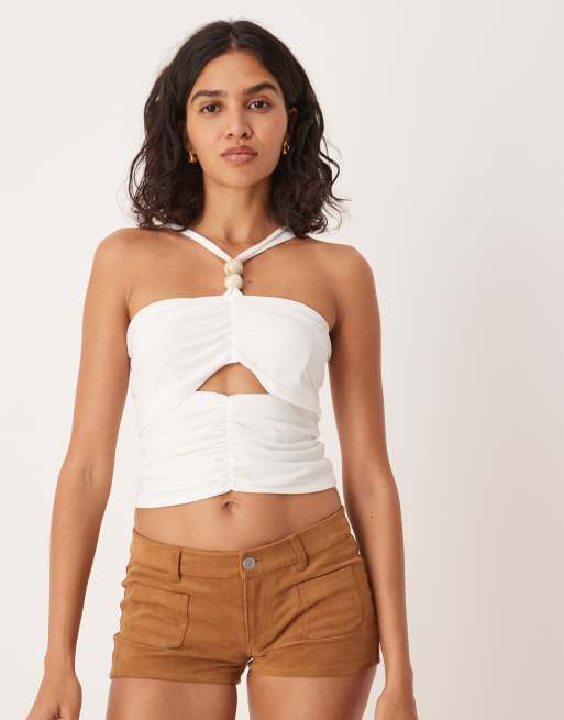 ASOS&nbsp;DESIGN slinky cut out halterneck top with bead detail in cream, 3 of 4