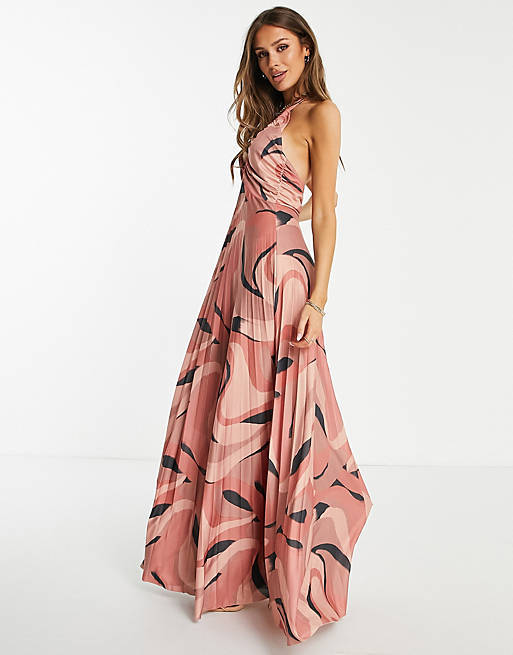 ASOS DESIGN ruched bust halter pleated maxi dress in geo print
