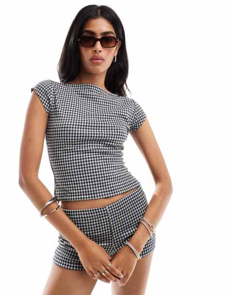 ASOSS DESIGN extreme slash neck top in black gingham - view 1