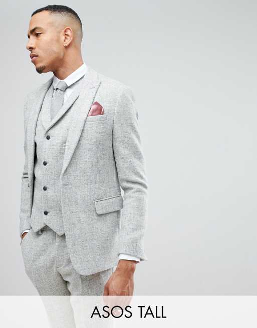 ASOS TALL - Smal kostuum van 100% wol en Harris tweed met visgraatmotief in lichtgrijs, 2 van 4