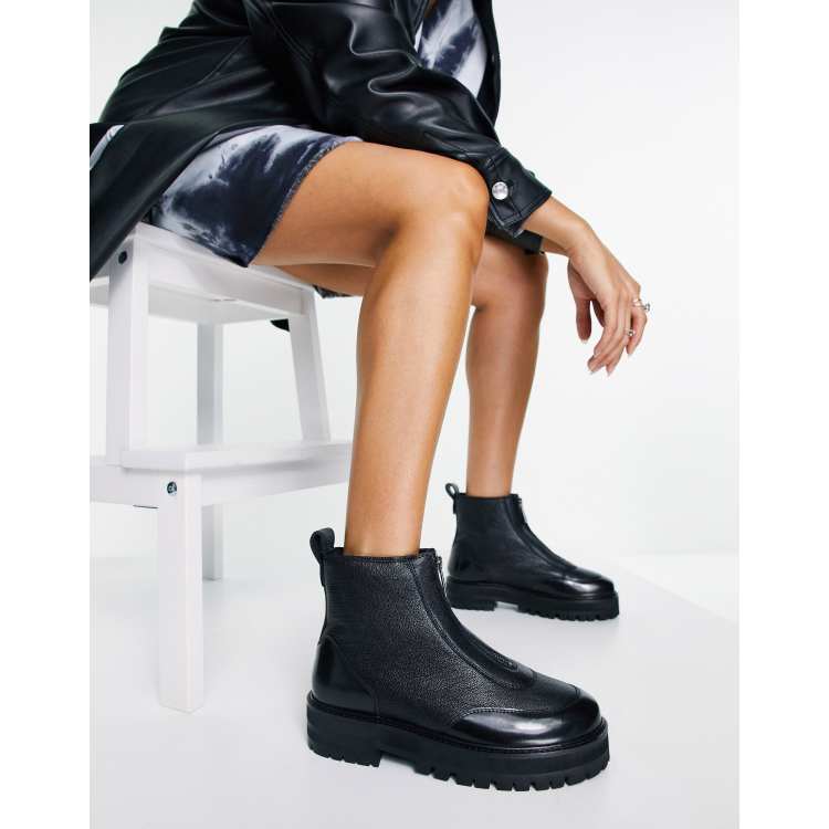 ASRA Bamboo chunky boots with front zip in black leather