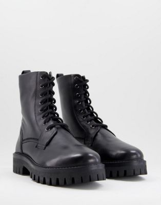Asra billie chunky lace up boots in black leather