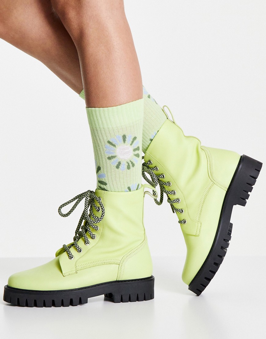 ASRA Billie leather lace up chunky flat boots in yellow leather
