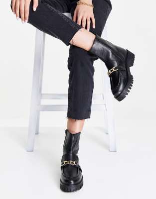Asra Bobbie Chunky Flat Boots With Gold Chain In Black Leather ModeSens