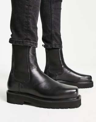 Asra Cacti Square Toe High Shaft Chelsea Boots In Black Leather