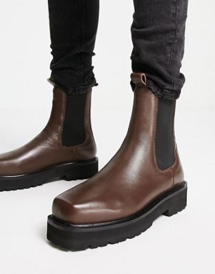 ASRA cacti square toe high shaft chelsea boots in brown leather - ASOS Price Checker