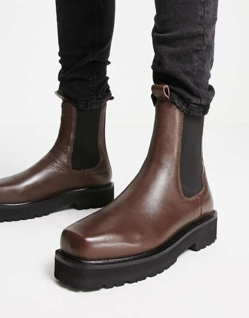 ASRA Cacti square toe high shaft chelsea boots in brown leather