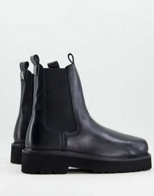 Asra Cactus square toe chelsea boots in black leather