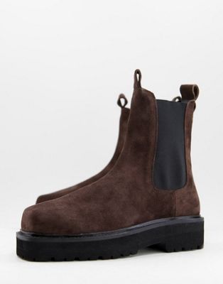 Asra Cactus square toe chelsea boots in brown suede