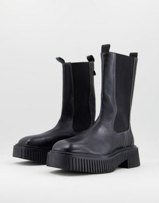 ASRA Connie calf length chelsea boots in black leather