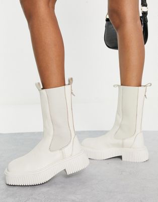 ASRA Connie calf length chelsea boots in cream leather