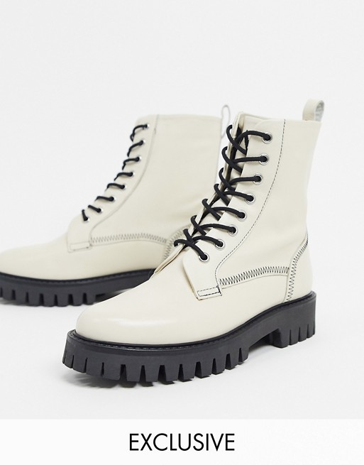 ASRA Exclusive Billie lace up flat boots with stitch detail in bone leather